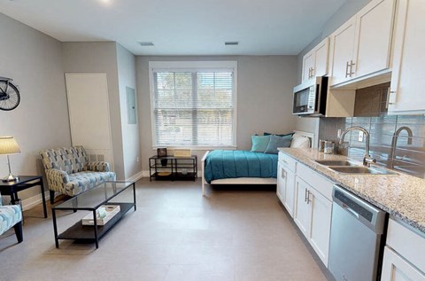 a living room with a kitchen and a couch